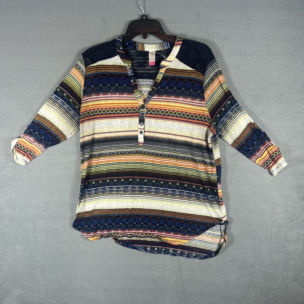 No Boundaries Women's XXL 2XG Striped Henley Top Crochet Back Long Sleeve Plus